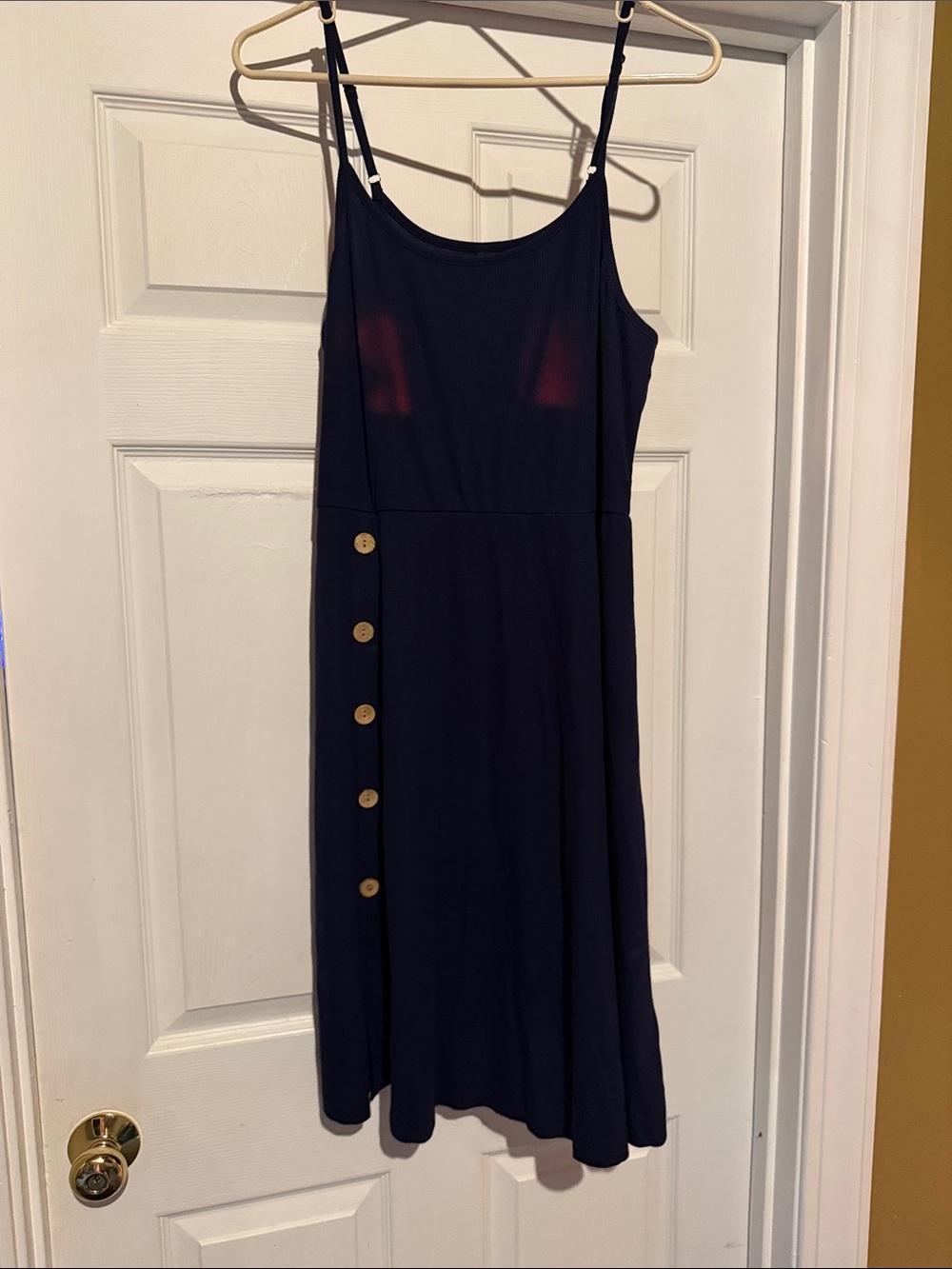 Navy Spaghetti-Strap Midi Dress with Side Button Detail